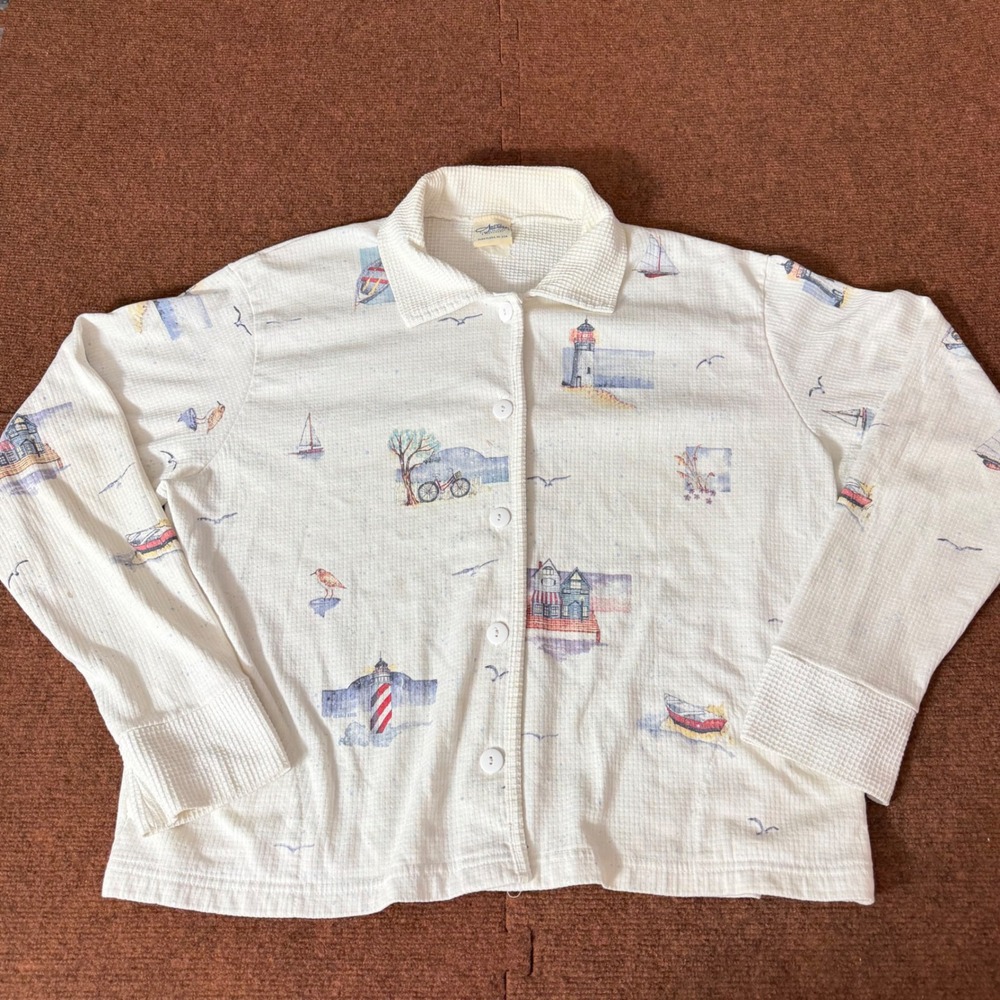 Artisans Nautical Lighthouse Waffle Knit Button Front Shirt Womens White L C+